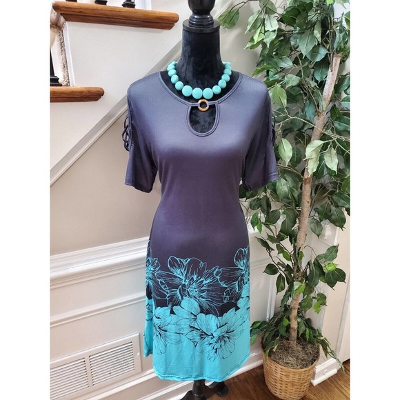 SHEIN Women Black & Blue Polyester Round Neck Short Sleeve Knee Length Dress L - Picture 10 of 11